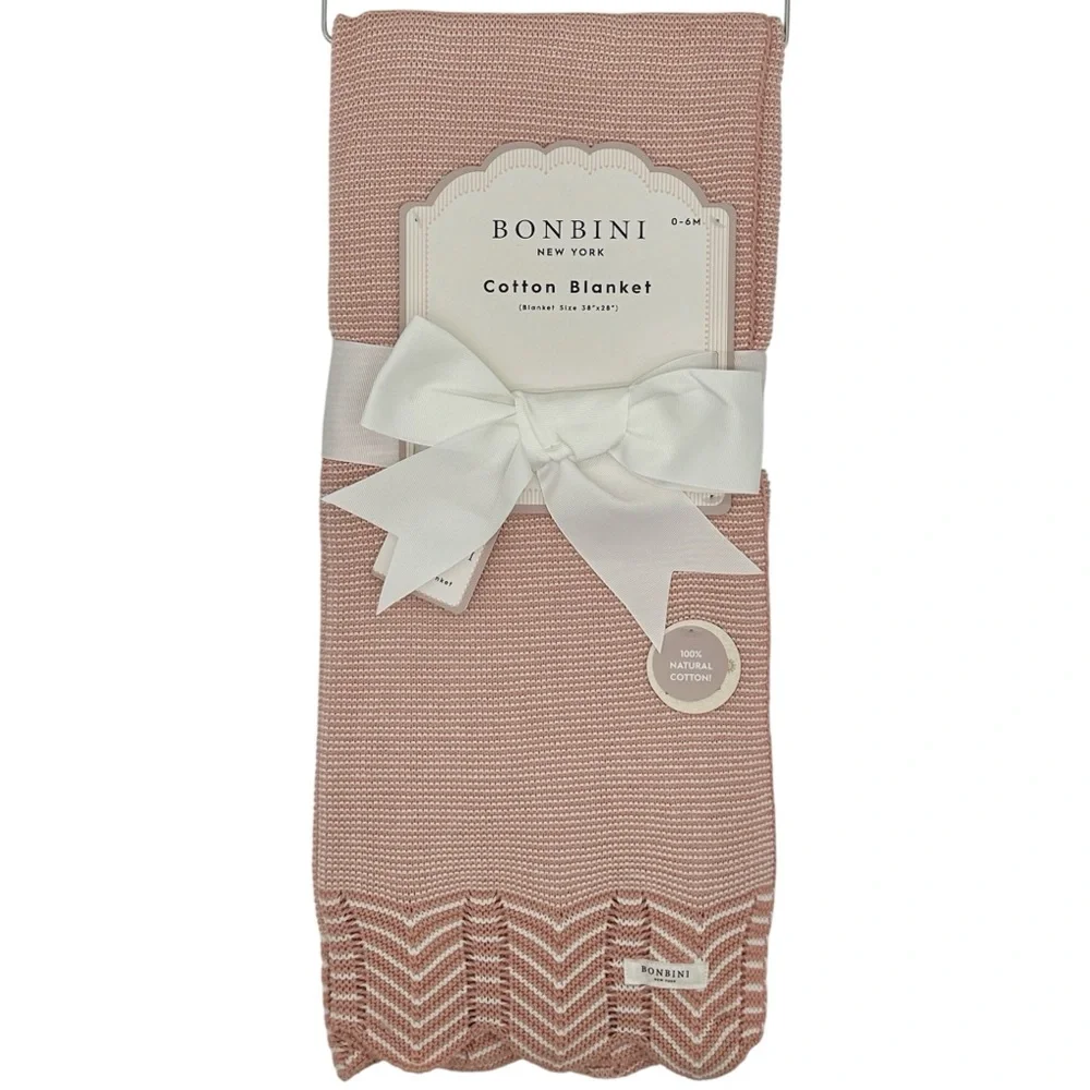 BONBINI Pink Natural Cotton Baby Blanket | Scalloped Edge | Baby Shower Gift
